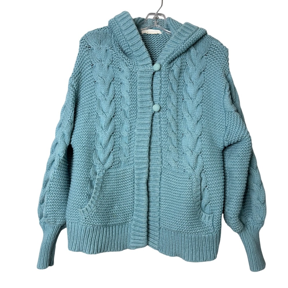 Anthropologie Anni Hooded Cable Knit Cardigan Womens S Blue Chunky Boho